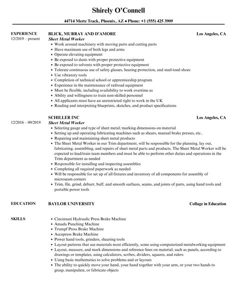 sheet metal worker resume example|sheet metal resume examples.